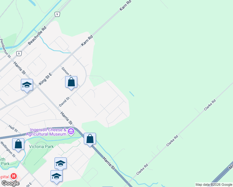 map of restaurants, bars, coffee shops, grocery stores, and more near 93 Walker Road in Ingersoll