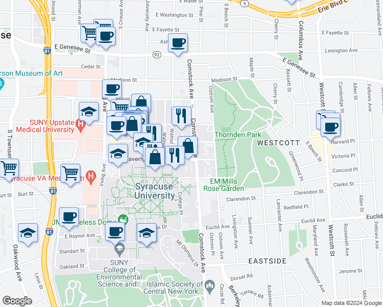 map of restaurants, bars, coffee shops, grocery stores, and more near 311 Waverly Avenue in Syracuse