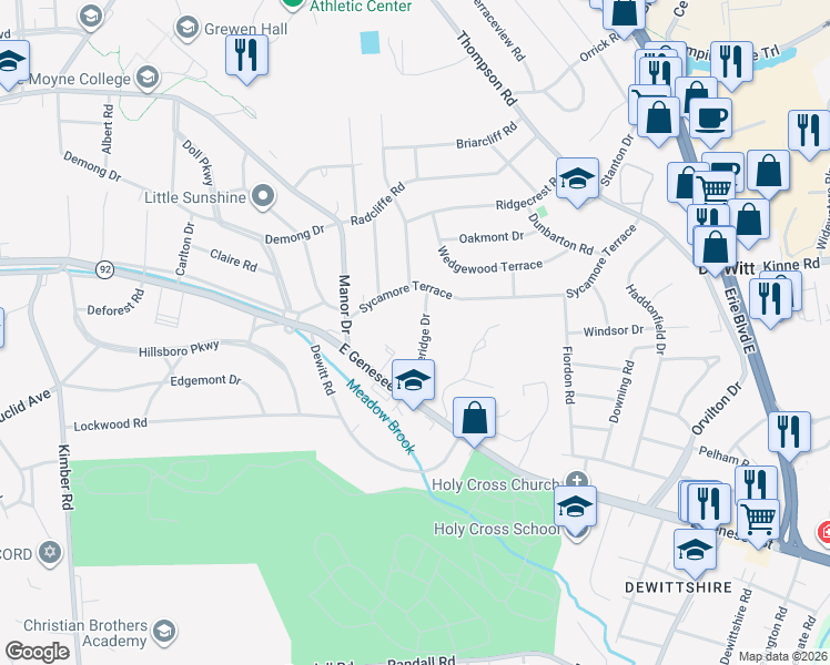 map of restaurants, bars, coffee shops, grocery stores, and more near 123 Stoneridge Drive in Syracuse