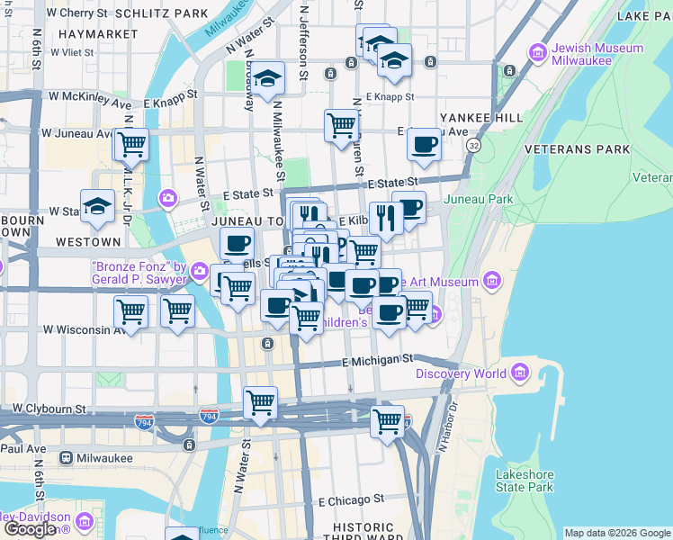 map of restaurants, bars, coffee shops, grocery stores, and more near 775 North Jackson Street in Milwaukee