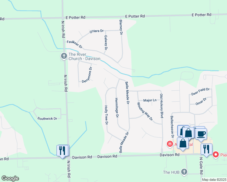 map of restaurants, bars, coffee shops, grocery stores, and more near 2257 Hermitage Dr in Davison