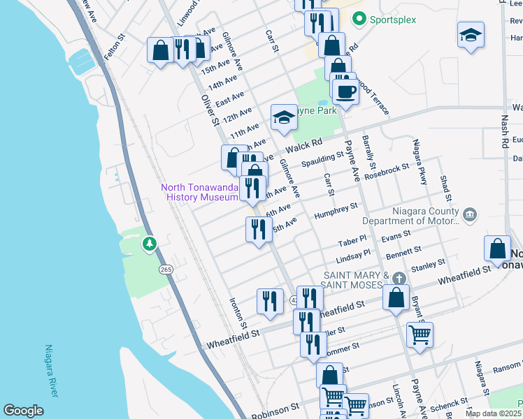 map of restaurants, bars, coffee shops, grocery stores, and more near 685 Oliver Street in North Tonawanda