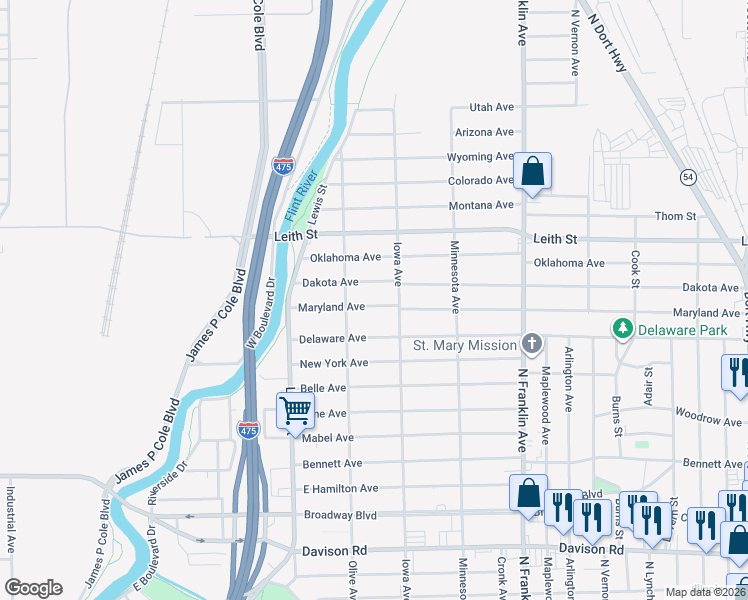 map of restaurants, bars, coffee shops, grocery stores, and more near 1529 Maryland Avenue in Flint