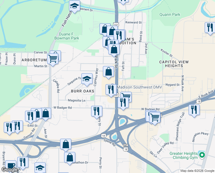 map of restaurants, bars, coffee shops, grocery stores, and more near 2312 South Park Street in Madison