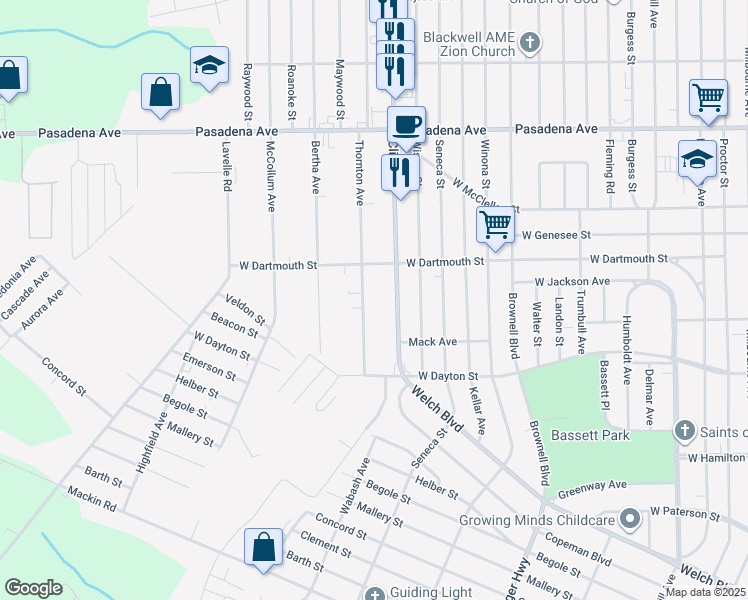map of restaurants, bars, coffee shops, grocery stores, and more near 2713 Clio Road in Flint