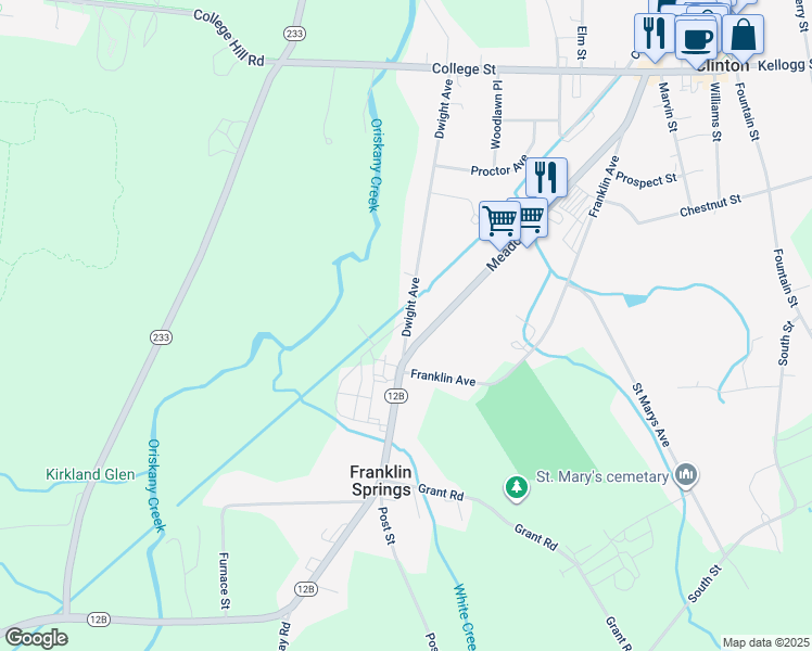 map of restaurants, bars, coffee shops, grocery stores, and more near 2-42 Old Plank Rd in Clinton
