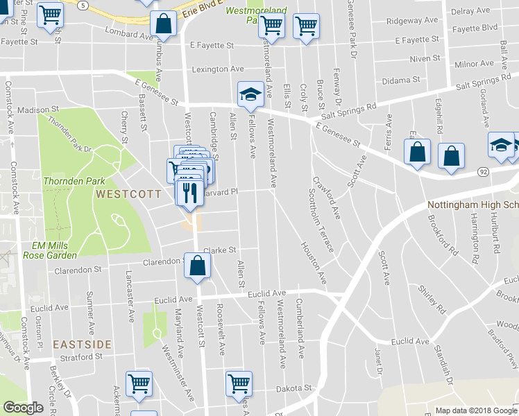 map of restaurants, bars, coffee shops, grocery stores, and more near 714 Westmoreland Avenue in Syracuse
