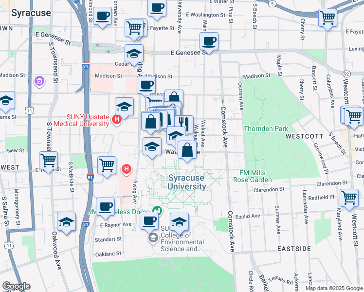 map of restaurants, bars, coffee shops, grocery stores, and more near 801 University Avenue in Syracuse