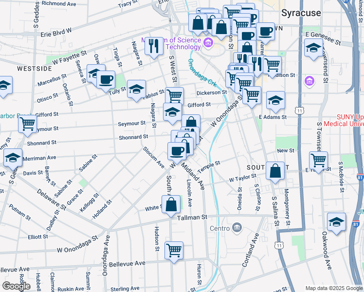 map of restaurants, bars, coffee shops, grocery stores, and more near 620 South West Street in Syracuse