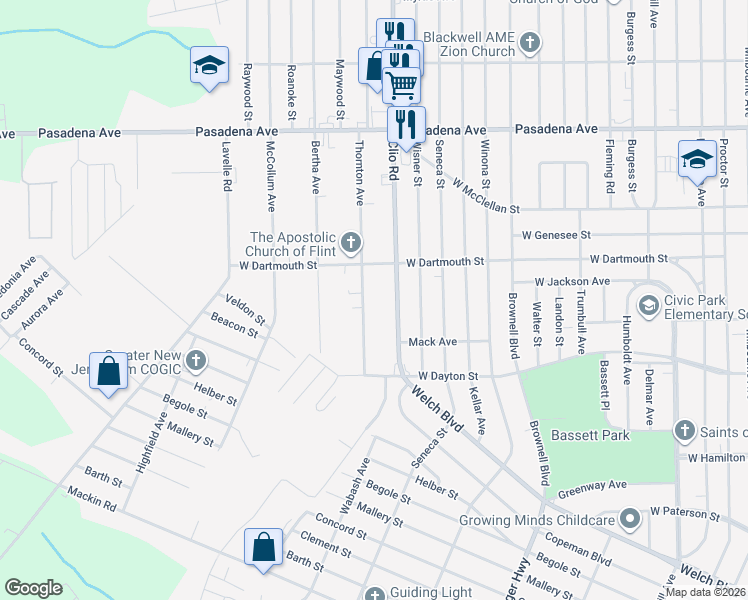 map of restaurants, bars, coffee shops, grocery stores, and more near 2713 Clio Road in Flint