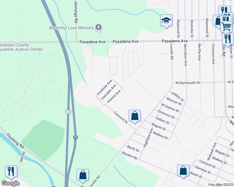 map of restaurants, bars, coffee shops, grocery stores, and more near 3598 Concord Street in Flint