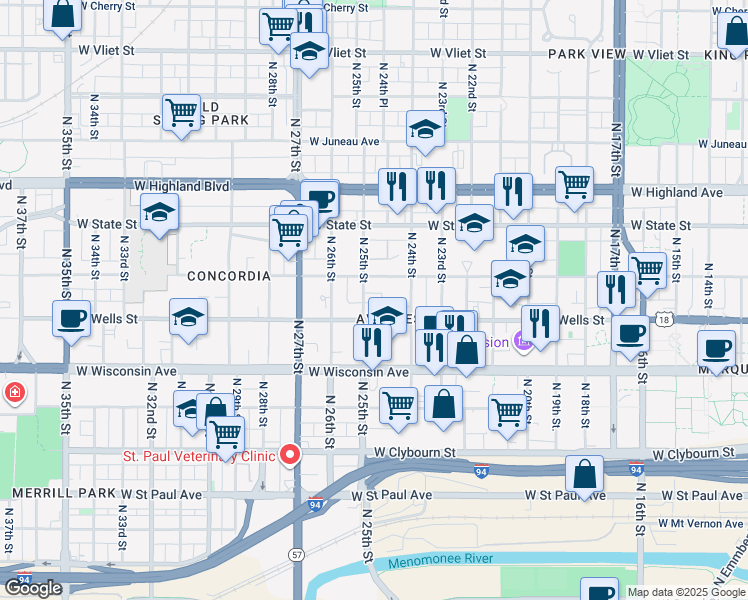map of restaurants, bars, coffee shops, grocery stores, and more near in Milwaukee