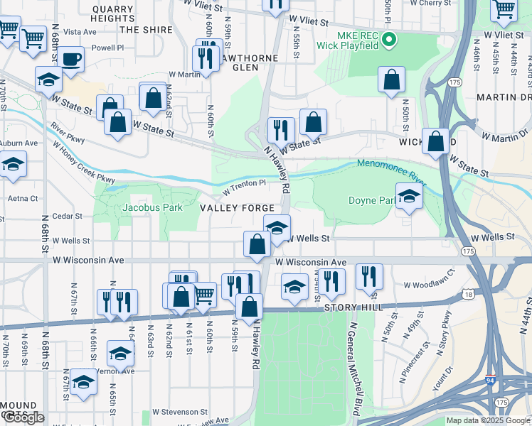 map of restaurants, bars, coffee shops, grocery stores, and more near 5629 West Valley Forge Drive in Milwaukee