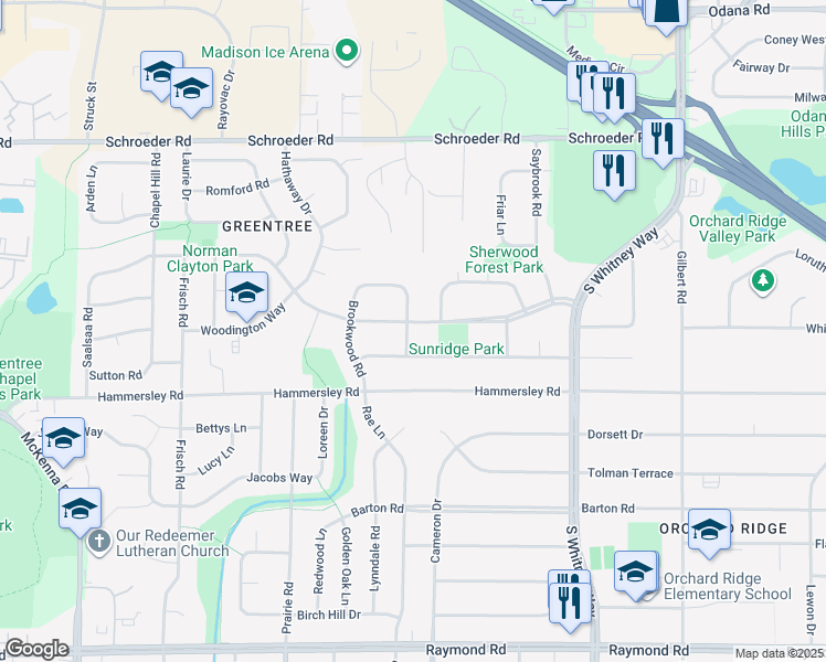 map of restaurants, bars, coffee shops, grocery stores, and more near 1205 Minton Road in Madison