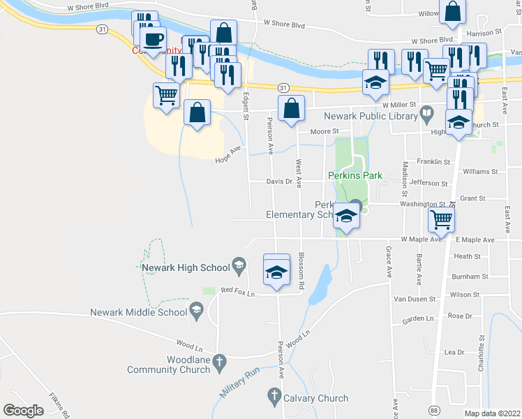 map of restaurants, bars, coffee shops, grocery stores, and more near 322 Edgett Street in Newark