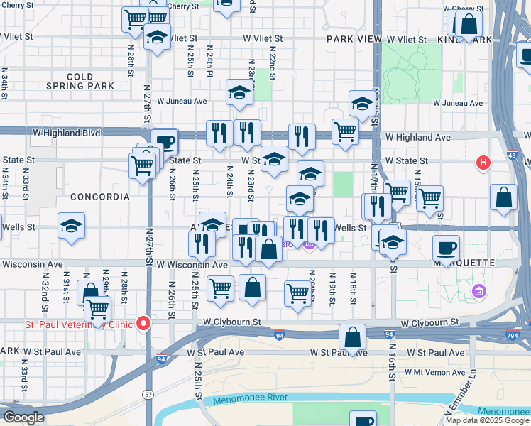 map of restaurants, bars, coffee shops, grocery stores, and more near 825 North 22nd Street in Milwaukee