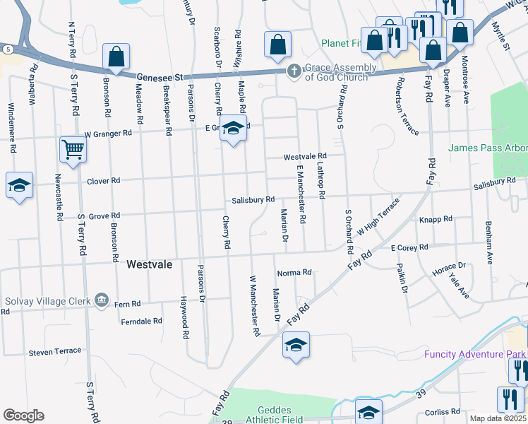 map of restaurants, bars, coffee shops, grocery stores, and more near 416 West Manchester Road in Syracuse