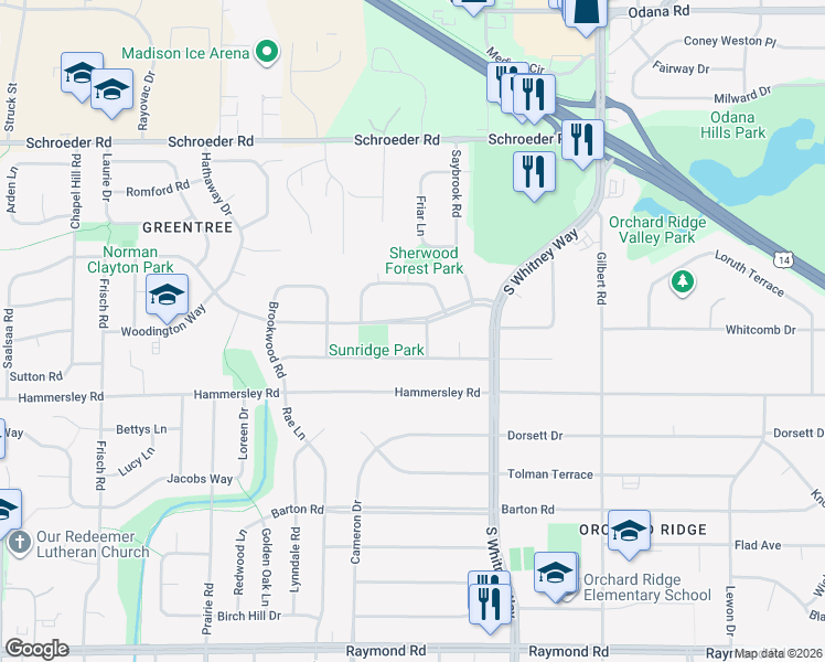 map of restaurants, bars, coffee shops, grocery stores, and more near 5805 Piping Rock Road in Madison