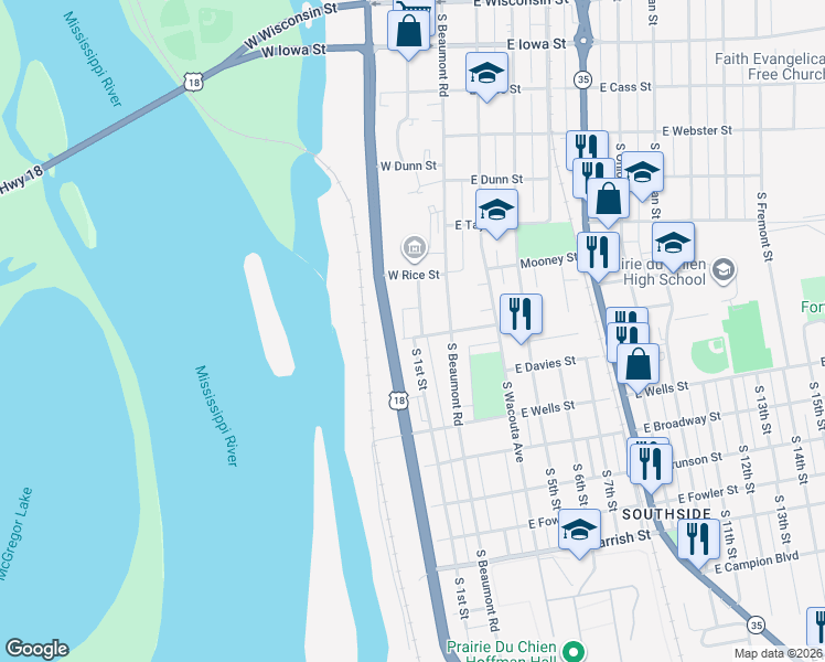 map of restaurants, bars, coffee shops, grocery stores, and more near 797 Overview Court in Prairie du Chien