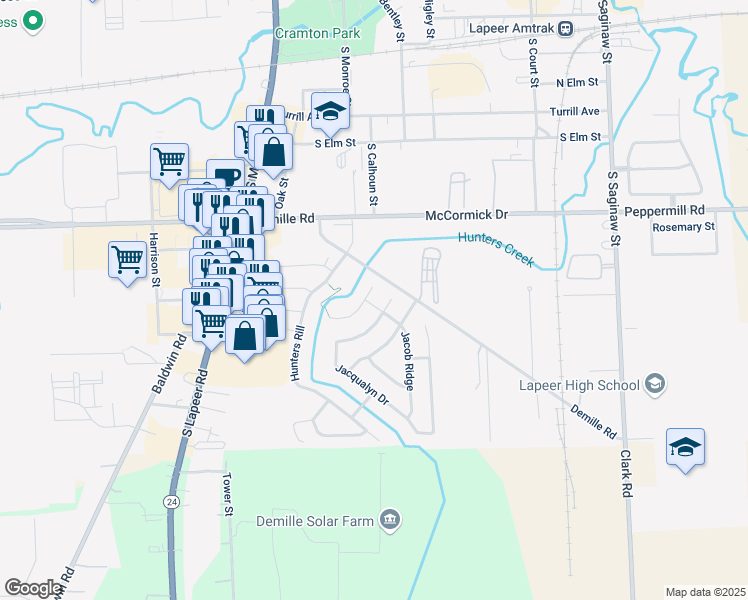 map of restaurants, bars, coffee shops, grocery stores, and more near 179 Jacob Ridge in Lapeer
