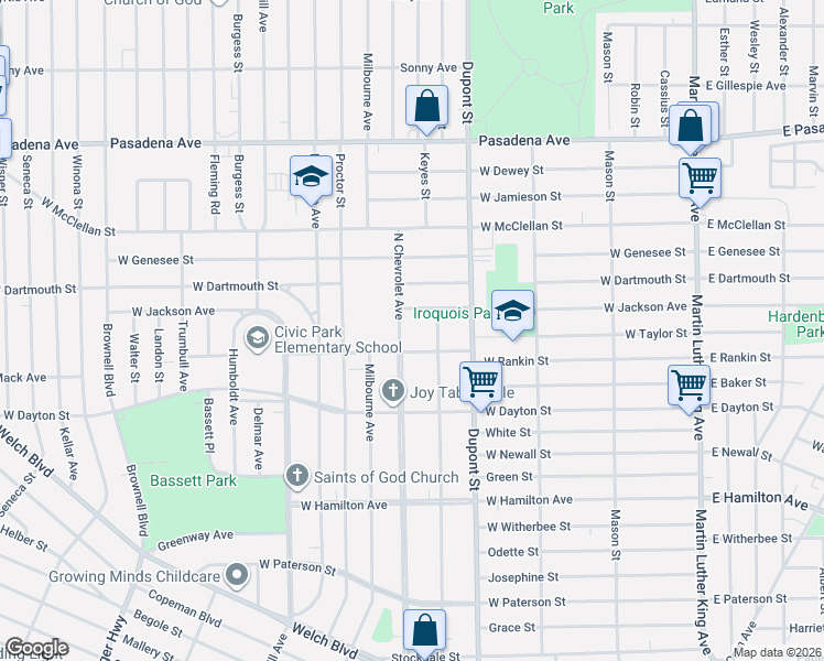 map of restaurants, bars, coffee shops, grocery stores, and more near 2723 Mount Elliott Avenue in Flint