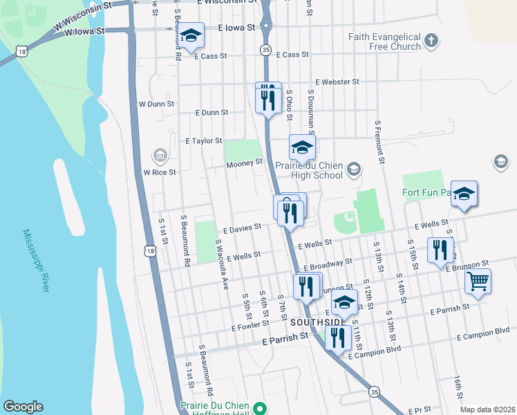 map of restaurants, bars, coffee shops, grocery stores, and more near 507 Parkview Court in Prairie du Chien