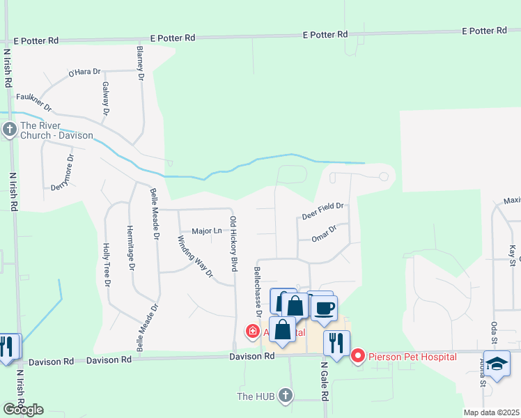 map of restaurants, bars, coffee shops, grocery stores, and more near 8411 Oak Shade Court in Davison