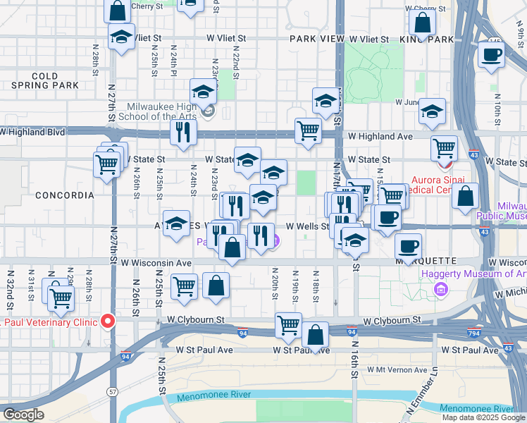 map of restaurants, bars, coffee shops, grocery stores, and more near 2012 West Wells Street in Milwaukee