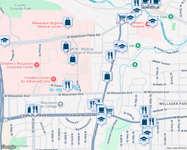 map of restaurants, bars, coffee shops, grocery stores, and more near 8339 Avon Court in Wauwatosa