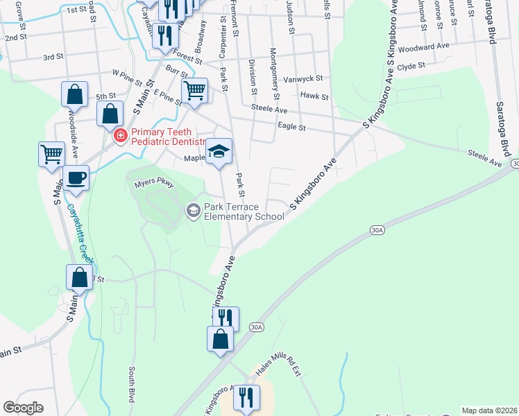 map of restaurants, bars, coffee shops, grocery stores, and more near 3 Grandview Drive in Gloversville