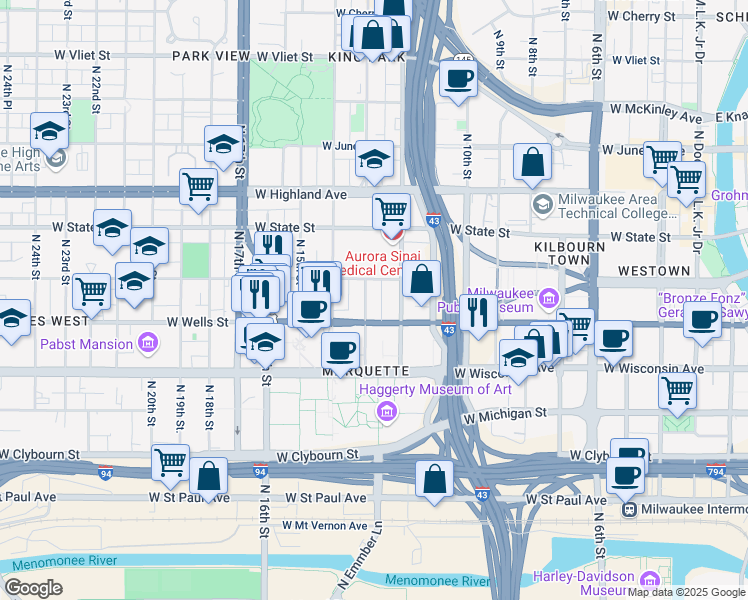 map of restaurants, bars, coffee shops, grocery stores, and more near 1240 West Wells Street in Milwaukee