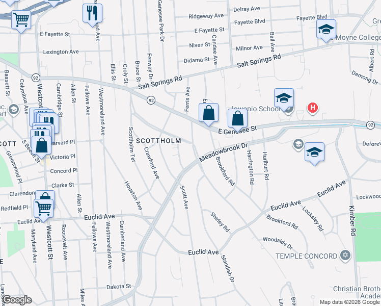 map of restaurants, bars, coffee shops, grocery stores, and more near 112 Bradford Parkway in Syracuse