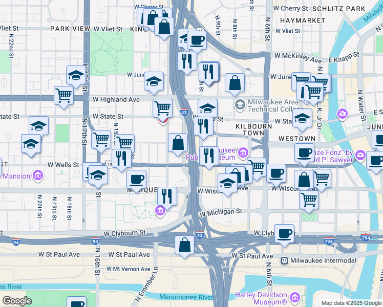 map of restaurants, bars, coffee shops, grocery stores, and more near 803 North 10th Street in Milwaukee