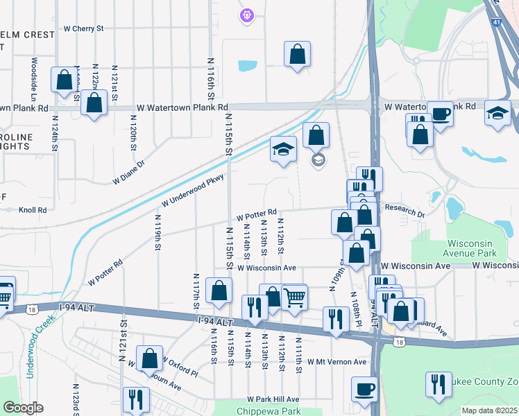 map of restaurants, bars, coffee shops, grocery stores, and more near 11304 West Potter Road in Wauwatosa