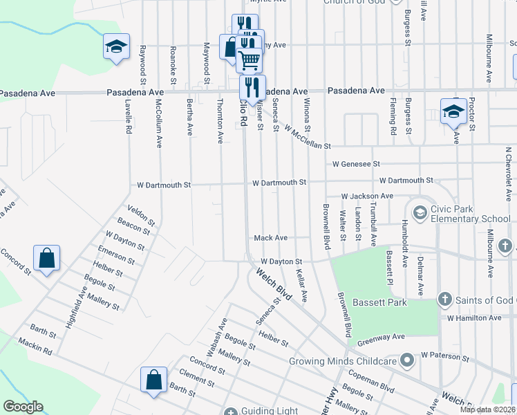 map of restaurants, bars, coffee shops, grocery stores, and more near 2713 Wisner Street in Flint