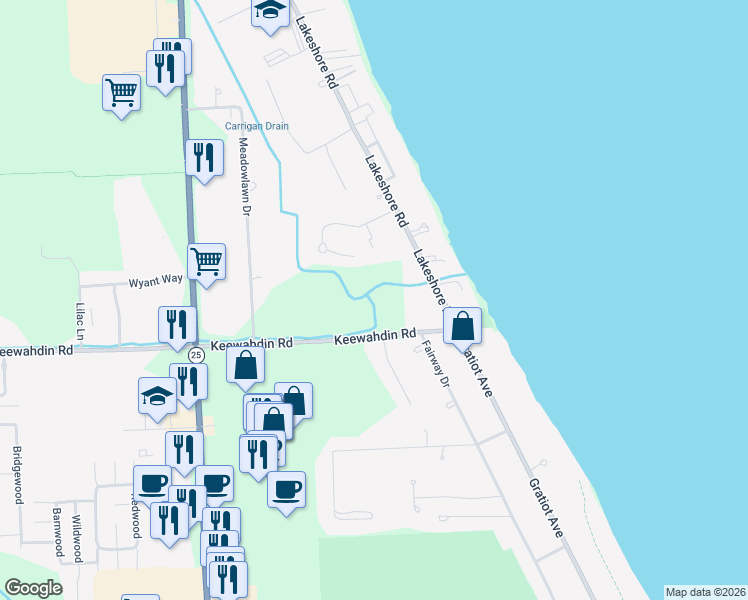 map of restaurants, bars, coffee shops, grocery stores, and more near 2768 Keewahdin Road in Fort Gratiot Township