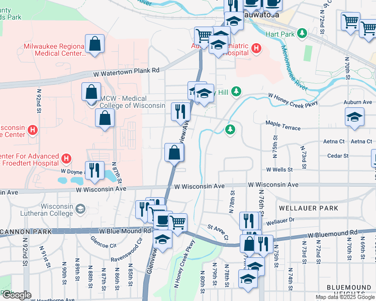 map of restaurants, bars, coffee shops, grocery stores, and more near 906 Glenview Avenue in Wauwatosa