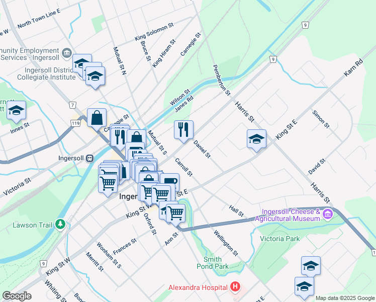 map of restaurants, bars, coffee shops, grocery stores, and more near 113 Cherry Street in Ingersoll