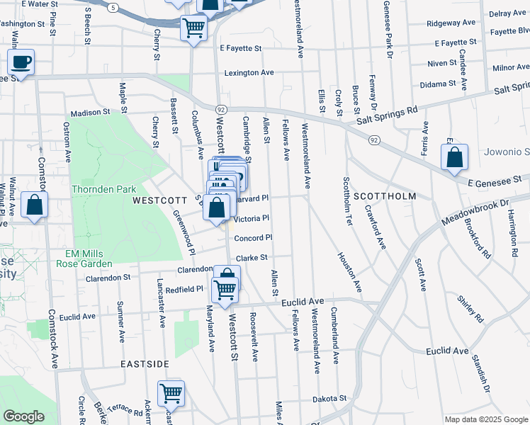 map of restaurants, bars, coffee shops, grocery stores, and more near 129 Victoria Place in Syracuse