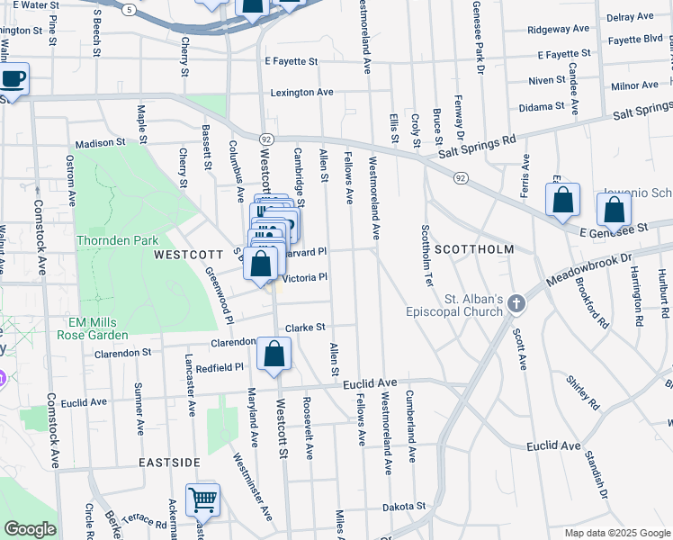 map of restaurants, bars, coffee shops, grocery stores, and more near 623 Allen Street in Syracuse