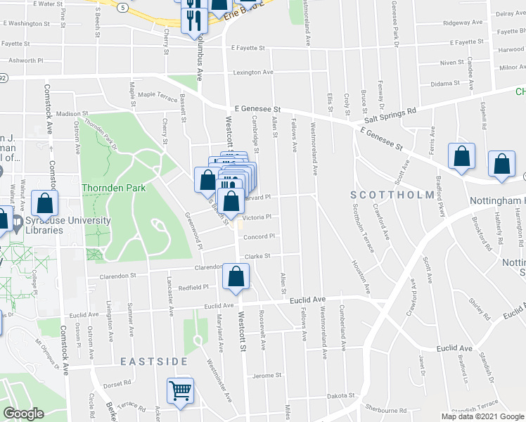 map of restaurants, bars, coffee shops, grocery stores, and more near 121 Victoria Place in Syracuse
