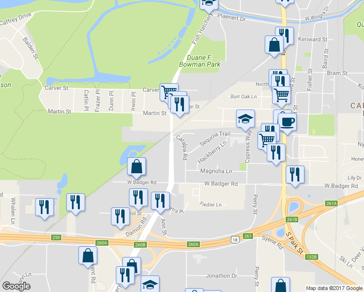 map of restaurants, bars, coffee shops, grocery stores, and more near 2214 Catalpa Road in Madison