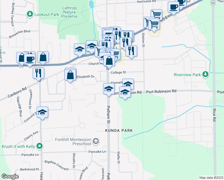 map of restaurants, bars, coffee shops, grocery stores, and more near 1341 Pelham Street in Pelham