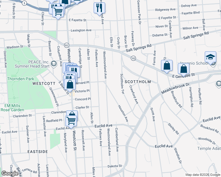 map of restaurants, bars, coffee shops, grocery stores, and more near 217-19 Cumberland Avenue in Syracuse