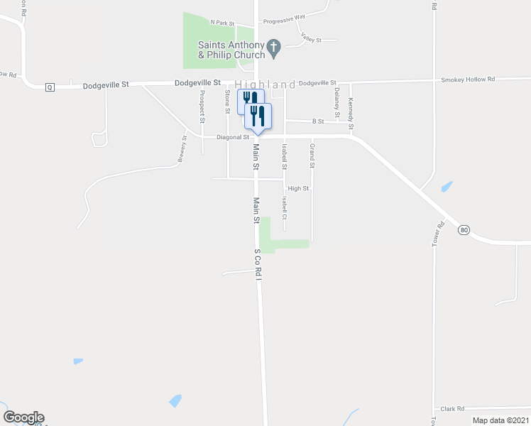map of restaurants, bars, coffee shops, grocery stores, and more near 144 Main Street in Highland