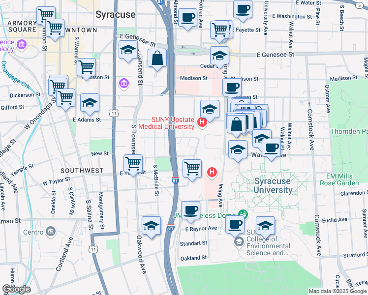 map of restaurants, bars, coffee shops, grocery stores, and more near 120 Frisbie Court in Syracuse