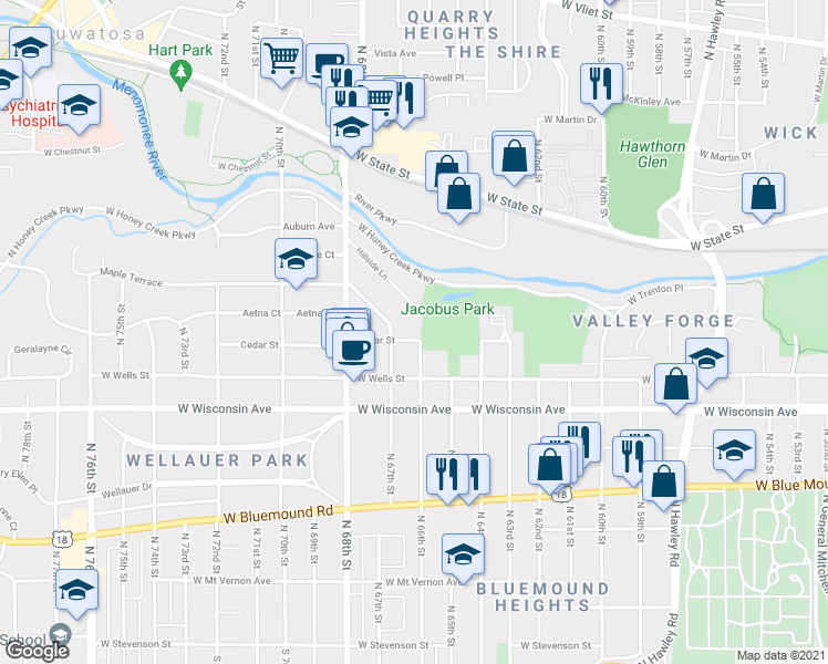map of restaurants, bars, coffee shops, grocery stores, and more near 6604 Cedar Street in Wauwatosa