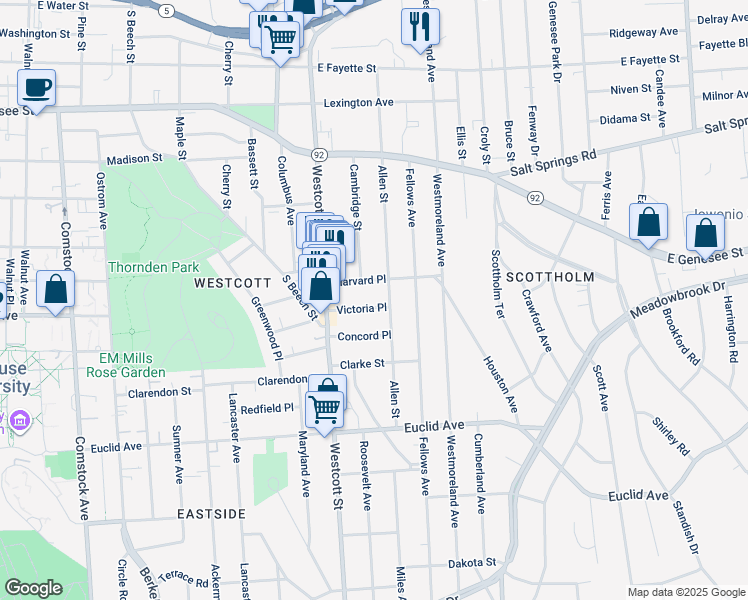 map of restaurants, bars, coffee shops, grocery stores, and more near 125 Victoria Place in Syracuse