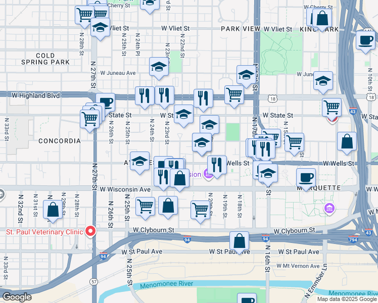map of restaurants, bars, coffee shops, grocery stores, and more near 2012 West Wells Street in Milwaukee