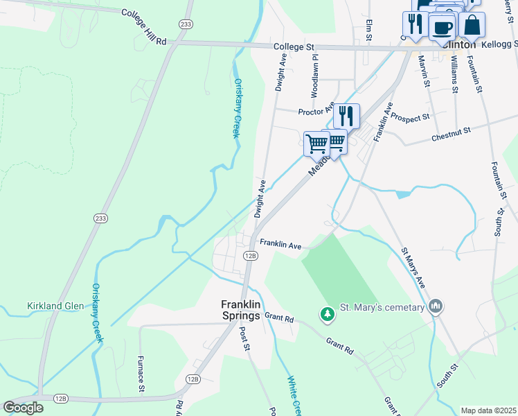 map of restaurants, bars, coffee shops, grocery stores, and more near 2-42 Old Plank Rd in Clinton